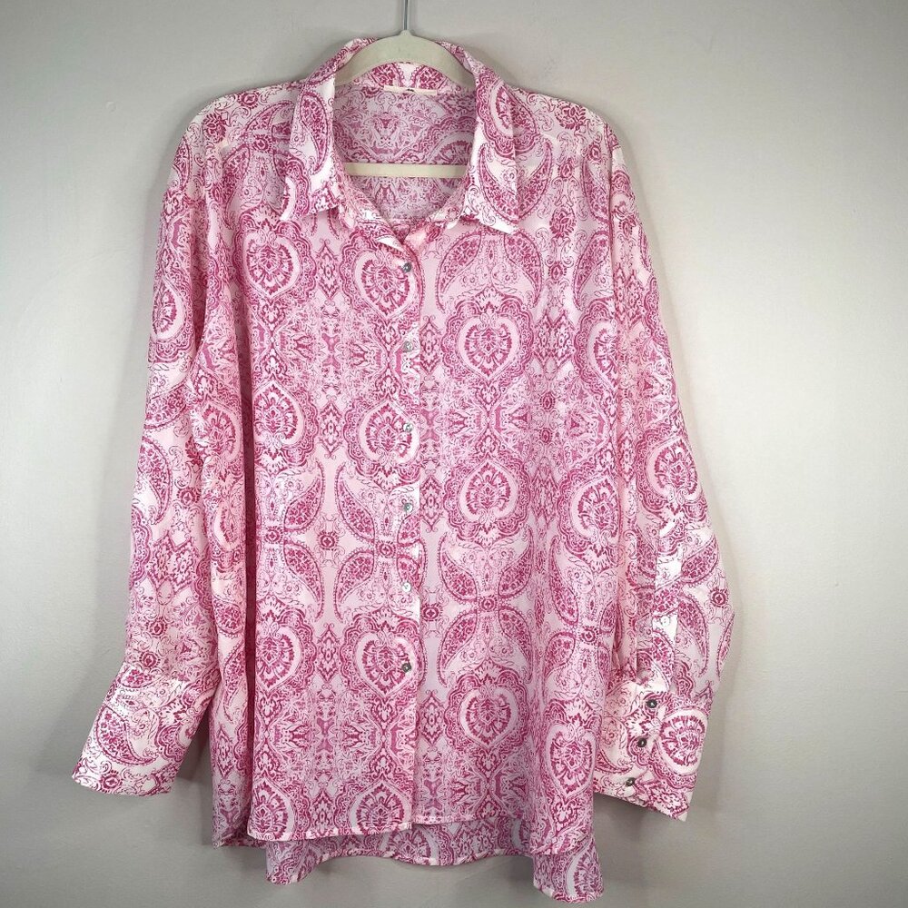 Enro Button Up Top Women XLarge Floral Mosaic Business Casual Tunic Blouse Sheer